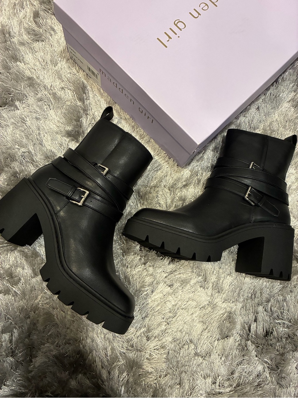 Madden Girl Black Chunky Heel Lug Ankle Boots with Buckle Straps
